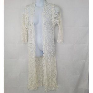 Womens SMALL? Long Robe Lace WHITE Long Sleeve Sheer Floral Romantic Swim Cover